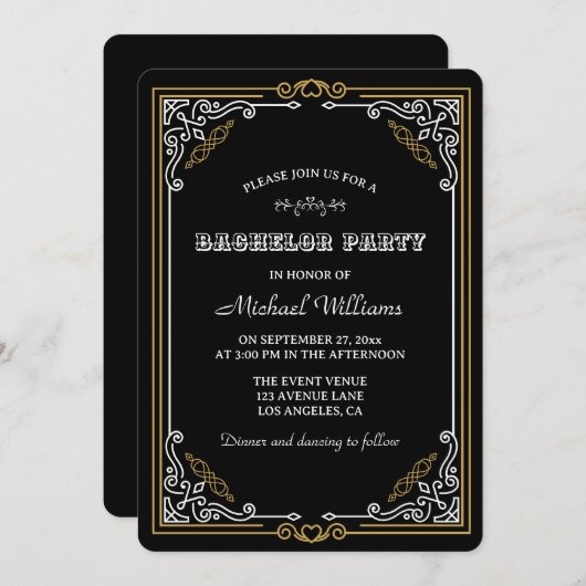 Deco Art Elegant Zwart Goud Vrijgezellenfeest Kaart (Voorkant / Achterkant)