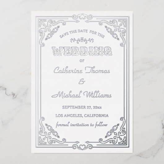 deco Art White en Silver Save the Date Folie Uitnodiging (Voorkant)