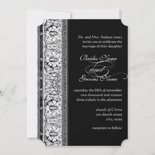 Deco Black Damask Wedding Invitations Kaart (Voorkant)