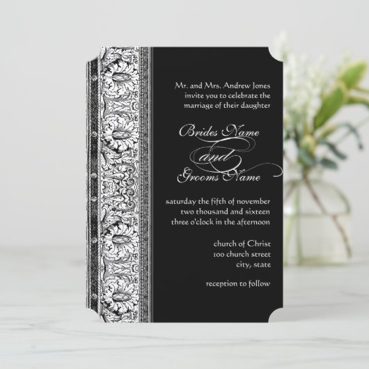 Deco Black Damask Wedding Invitations Kaart (Staand voorkant)