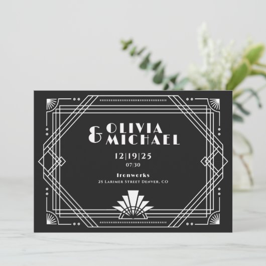 Deco Black en White Invitation Kaart (Staand voorkant)