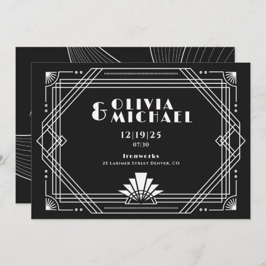 Deco Black en White Invitation Kaart (Voorkant / Achterkant)