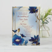 Deco blauwe bloem bruiloft kaart (Staand voorkant)