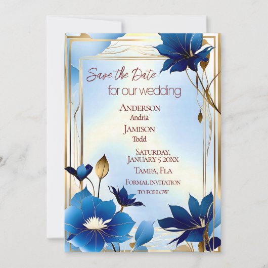 Deco blauwe bloemen bruiloft opslaan van de datum save the date (Voorkant)