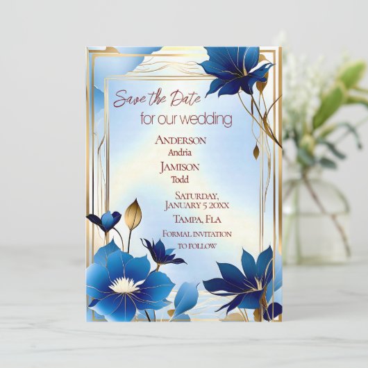 Deco blauwe bloemen bruiloft opslaan van de datum save the date (Staand voorkant)