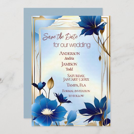 Deco blauwe bloemen bruiloft opslaan van de datum save the date (Voorkant / Achterkant)