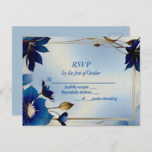 Deco blauwe bloemen bruiloft RSVP
