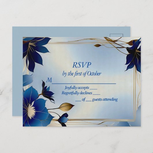 Deco blauwe bloemen bruiloft RSVP Briefkaart (Voorkant / Achterkant)