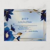 Deco blauwe bloemen bruiloft RSVP Briefkaart (Voorkant)