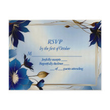 Deco blauwe bloemen bruiloft RSVP