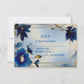 Deco blauwe bloemen bruiloft RSVP kaart (Voorkant)
