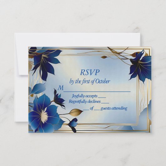 Deco blauwe bloemen bruiloft RSVP kaart (Voorkant)