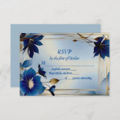 Deco blauwe bloemen bruiloft RSVP kaart (Voorkant / Achterkant)