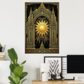 Deco Celestial Sun Portal Poster | Gold Teal Cathe (Thuiskantoor)