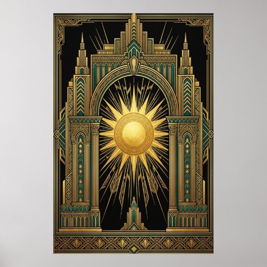 Deco Celestial Sun Portal Poster | Goud Teal Cathe (Voorkant)