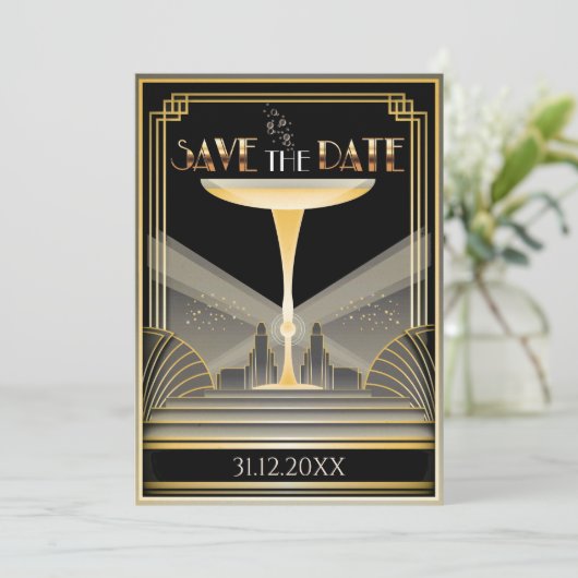 Deco Champagne Bewaar de datum uitnodiging (Staand voorkant)