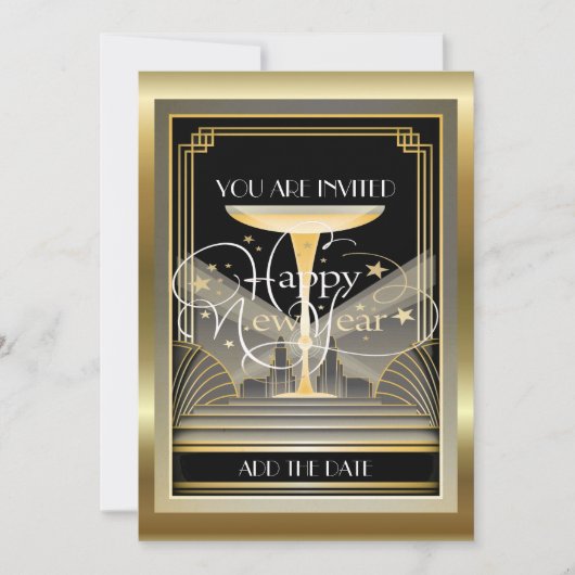 Deco Champagne NIEUWJAAR Feestuitnodiging Kaart (Voorkant)