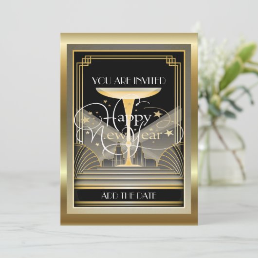 Deco Champagne NIEUWJAAR Feestuitnodiging Kaart (Staand voorkant)