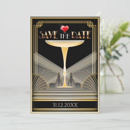 Deco Champagne Save The Date Uitnodiging (Staand voorkant)