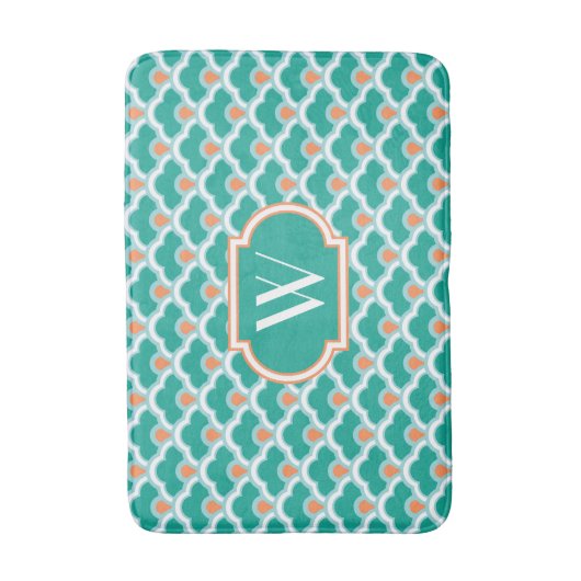 Deco Chinese Scallops, Blauwgroen, Aqua en Coral Badmat (Voorkant Verticaal)