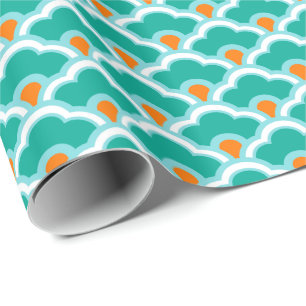 Deco Chinese Scallops, Blauwgroen, Aqua en Coral Cadeaupapier