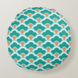 Deco Chinese Scallops, Blauwgroen, Aqua en Coral Rond Kussen