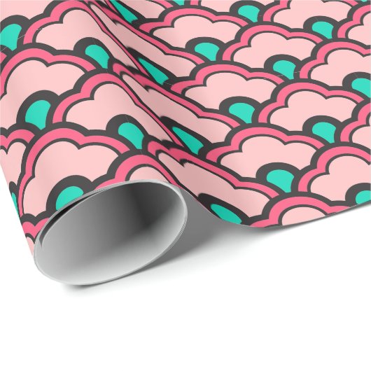 Deco Chinese Scallops, Coral Pink en Turquoise Cadeaupapier (Rol Hoek)
