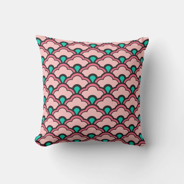 Deco Chinese Scallops, Coral Pink en Turquoise Kussen (Voorkant)