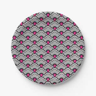 Deco Chinese scallops, grijs / grijs, zwart en roz Papieren Bordje