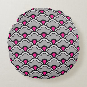 Deco Chinese scallops, grijs / grijs, zwart en roz Rond Kussen