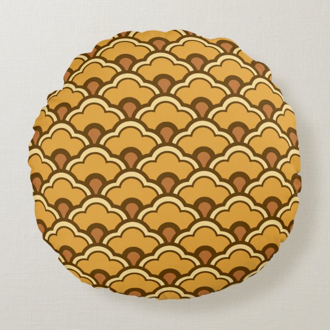Deco Chinese Scallops, Mustard Gold en Brown Rond Kussen (Voorkant)