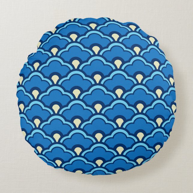 Deco Chinese Scallops, Ocean Blue en Indigo Rond Kussen (Voorkant)