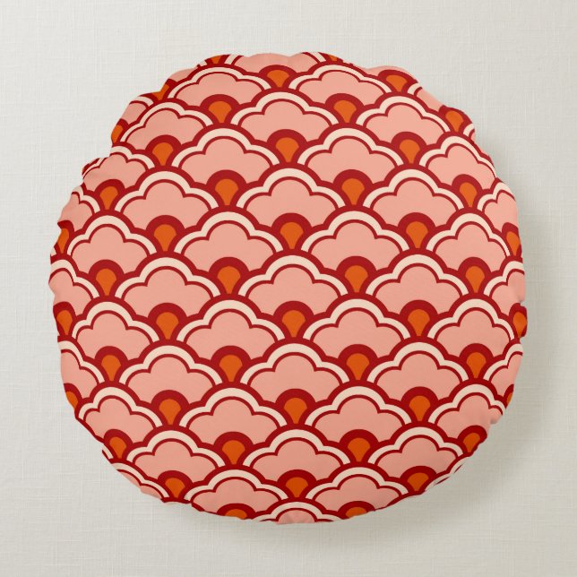 Deco Chinese Scallops, Peach, Rust en Cream Rond Kussen (Voorkant)