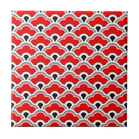 Deco Chinese Scallops, Red, Black en White Tile Tegeltje (Voorkant)