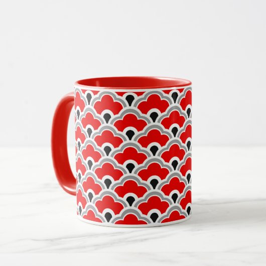 Deco Chinese scallops, rood, grijs, zwart en wit Mok (Voorkant links)