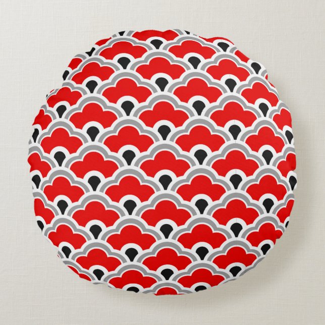 Deco Chinese scallops, rood, grijs, zwart en wit Rond Kussen (Voorkant)