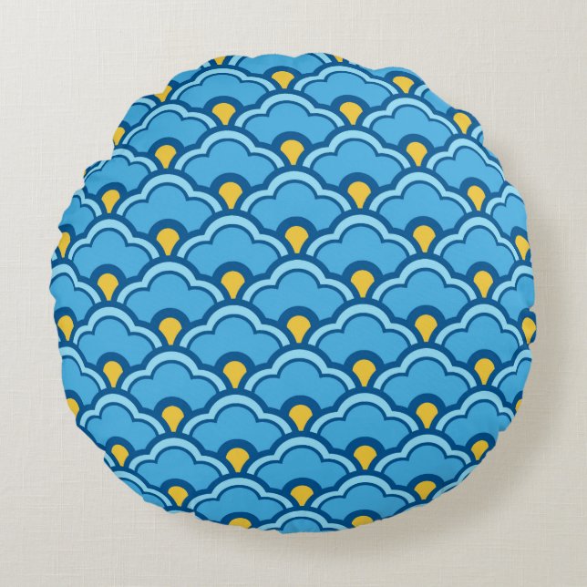 Deco Chinese Scallops, Turquoise en Aqua Rond Kussen (Voorkant)