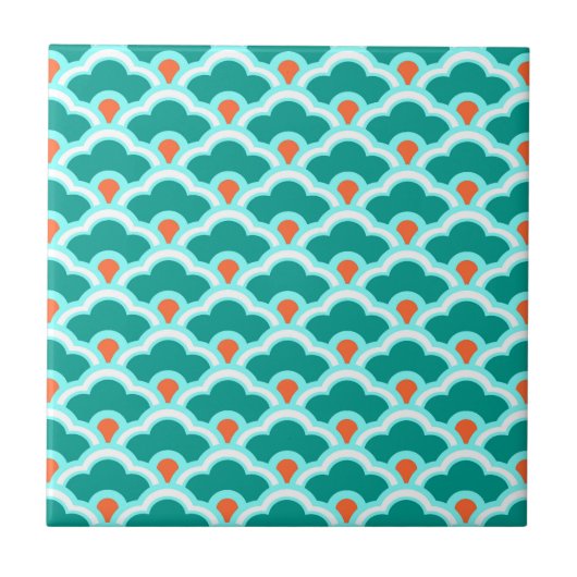 Deco Chinese Scallops, Turquoise en Coral Tegeltje (Voorkant)