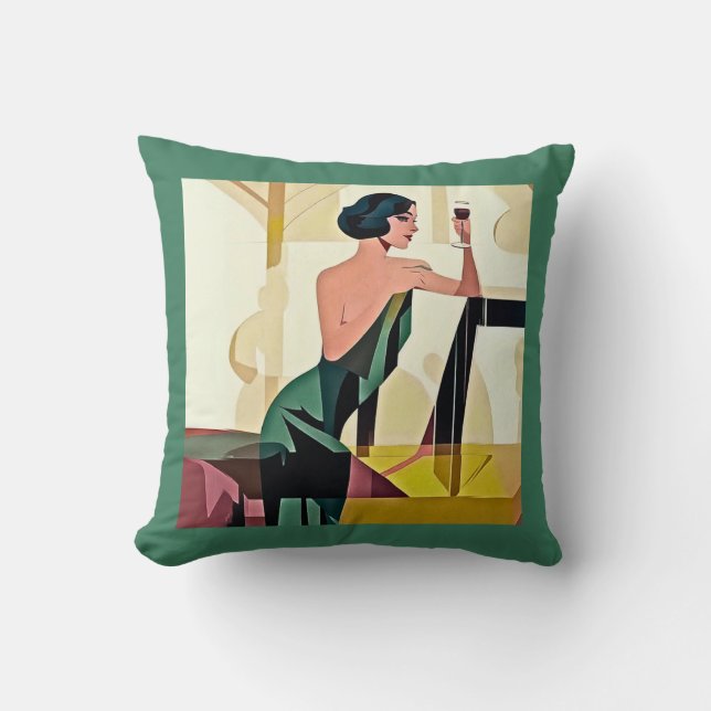 Deco dame in groene moderne kunst kussen (Voorkant)