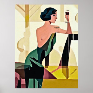 Deco dame in groene moderne kunst poster