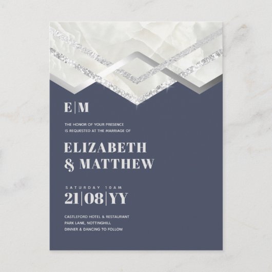 Deco Dusty Blue Silver Minimalist Wedding Briefkaart (Voorkant)
