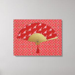 Deco Fan - Butterflies, Donkerrood en wit Canvas Afdruk