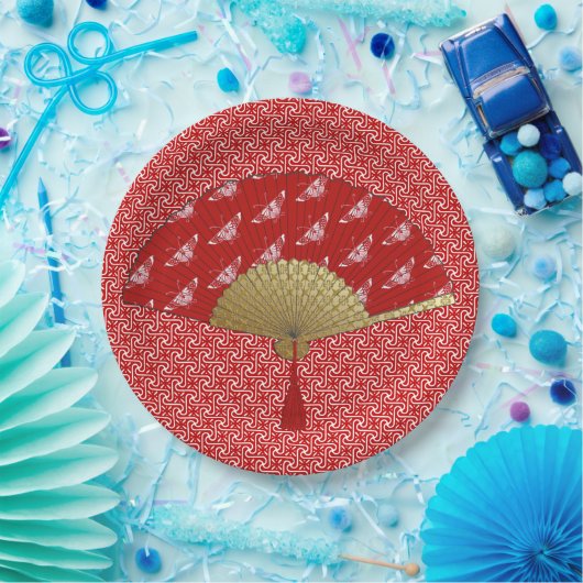 Deco Fan - Butterflies, Donkerrood en wit Papieren Bordje (Feest)