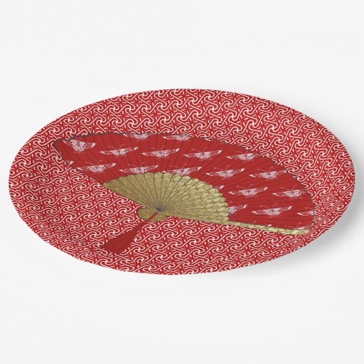 Deco Fan - Butterflies, Donkerrood en wit Papieren Bordje (Gekanteld)