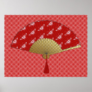Deco Fan - Butterflies, Donkerrood en wit Poster