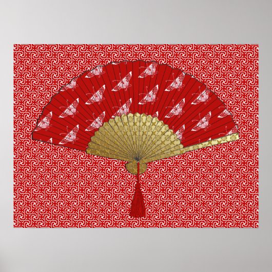 Deco Fan - Butterflies, Donkerrood en wit Poster (Voorkant)
