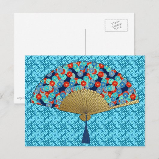 Deco Fan - Flowers in Cobalt, Turquoise en Red Briefkaart (Voorkant / Achterkant)