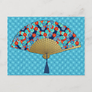 Deco Fan - Flowers in Cobalt, Turquoise en Red Briefkaart