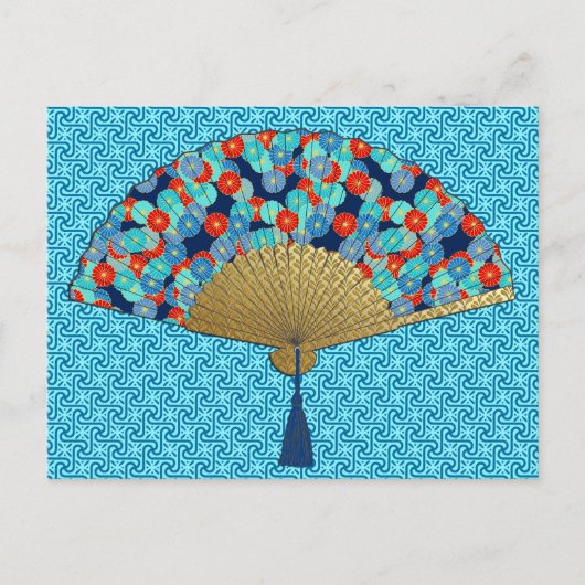 Deco Fan - Flowers in Cobalt, Turquoise en Red Briefkaart (Voorkant)