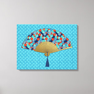 Deco Fan - Flowers in Cobalt, Turquoise en Red Canvas Afdruk